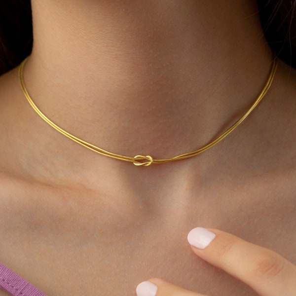 Gold Love Knot, Dainty Silver Knot necklace, Double Chain Knot, Minimalist everyday necklace, Endless Knot choker, gift for her mother aunt