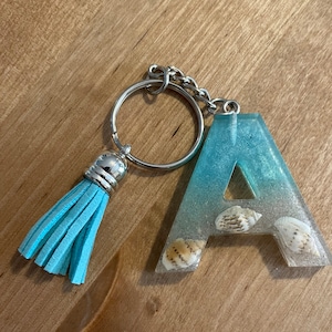 Resin Initial Keychain, Beach Sand Seashells, Personalized Gift