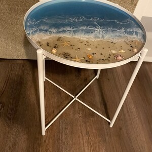 Handmade Coastal Resin End Table with Seashells, Beach Furniture, Beach Table