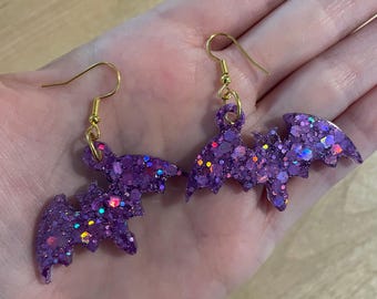 Purple Holographic Glitter Bat Earrings, Halloween Gothic Jewelry