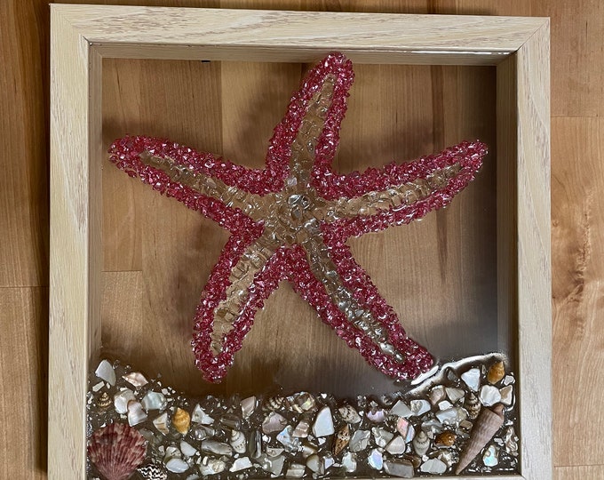 Starfish wall decor, beach decor, beach gifts, beach lover, seashell art, framed coastal art, crushed glass art, ocean decor, beach house