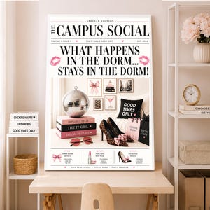Fashion Newspaper, Preppy Dorm Wall Art, Pink Leopard Prints, Digital Art Print, Fashion Magazine Art, Magazine Style Art, Magazine Poster