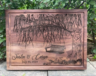 Personalized Cutting Board, Willow Tree with Bench Swing, Custom Anniversary Gift, Housewarming Gift, Couples Gift, Wedding Anniversary Gift