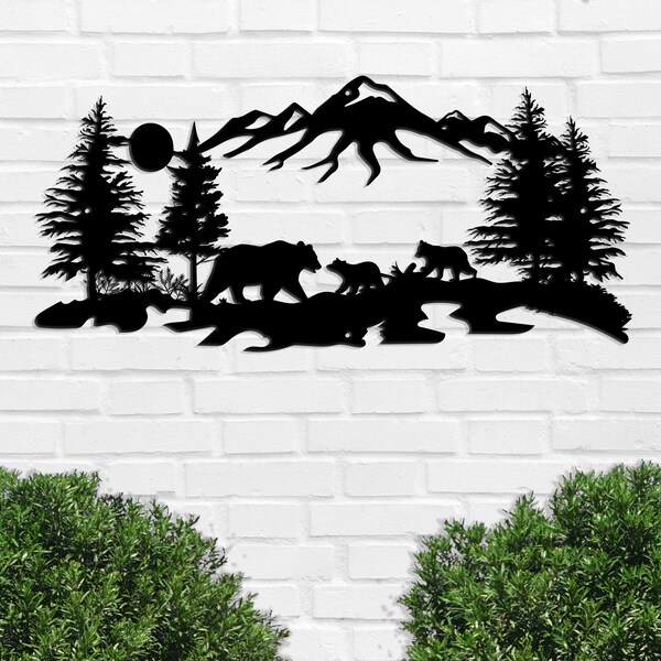 Bear Metal Sign, Metal Bear Family Art, Tree Mountain Decoration, Nature Wall Art, Wildlife Lover Gift, Outdoor Hanging Sign, Wall Hangings