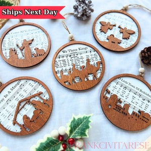 Music Sheet Nativity Ornament Set, Christian Wooden Ornament
