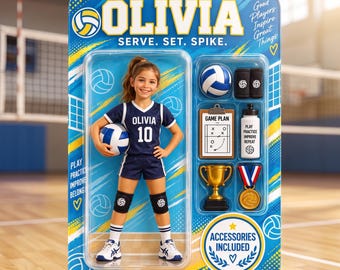 May include: A volleyball action figure set featuring a doll in a navy blue uniform with the name OLIVIA and number 10, holding a ball. Accessories include a volleyball, knee pads, a game plan clipboard, a water bottle, a gold trophy, and a medal.