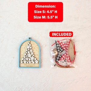 May include: A wooden Christmas tree ornament with a light blue frame and a star-shaped tree design. The ornament includes the text "MRS. KRUEGER 2024-2025". Dimensions: Size S: 4.5" H, Size M: 5.5" H. Also included are red and black bow-tie shaped decorations.