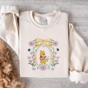 Cute Winnie Inspired Embroidered Sweatshirt, Cozy Pooh Bear T-shirt, Vintage Coquette Style Embroidery, Floral Cottagecore Sweater
