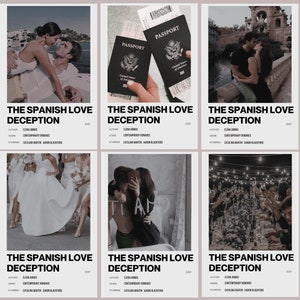 Puede incluir: Se muestran seis diseños de portadas de libros para "The Spanish Love Deception". Cada diseño representa una escena romántica, como parejas besándose, pasaportes y una boda. El título y el autor del libro se muestran.