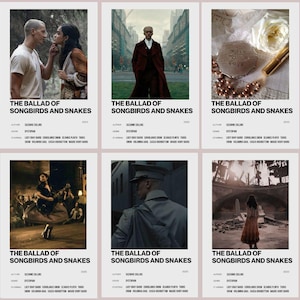 May include: Six movie posters for "The Ballad of Songbirds and Snakes" are displayed. Each poster features a different image from the film, with the title and credits at the bottom. The posters have a consistent design with a beige background.