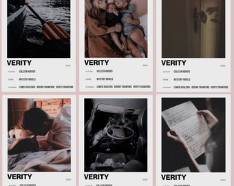 Peut inclure: Six affiches de film pour le livre "Verity" de Colleen Hoover. Les affiches présentent différentes images du livre, notamment un couple au lit, une voiture avec un pare-brise brisé, une lettre, un couple tenant un bébé et un bateau sur un lac. Les affiches ont toutes le même titre, le même auteur et le même genre : "Verity", "Colleen Hoover" et "Romans policiers".