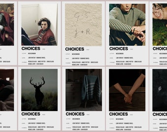 Peut inclure: Un ensemble de dix affiches de film minimalistes pour le livre "Choices" de Megan Morrison. Les affiches présentent diverses scènes du livre, notamment une peinture d'un couple, un cerf dans un champ, une main tenant une autre main et une personne assise sur un lit. Les affiches sont toutes en noir et blanc avec un fond blanc et du texte noir.
