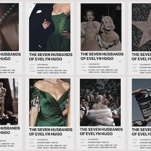 Puede incluir: Un collage de ocho carteles de películas para el libro "Los Siete Maridos de Evelyn Hugo" de Taylor Jenkins Reid. Los carteles muestran imágenes de una mujer con un vestido verde, una mujer con un abrigo de piel, una estrella en el Paseo de la Fama de Hollywood y dos estatuas de los Oscar.