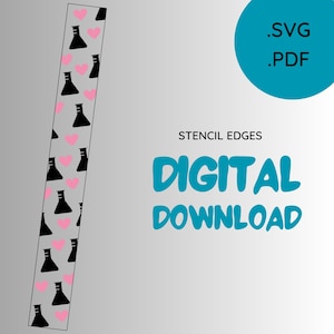 Op de afbeelding: Digitale download van een sjabloonontwerp met een herhalend patroon van zwarte bekers en roze harten. Het ontwerp is gelabeld "Stencil Edges" en bevat de bestandsformaten .SVG en .PDF.