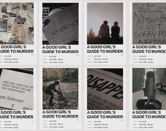May include: A set of eight minimalist posters with a black and white color scheme. Each poster features a different image related to a mystery novel, including a file folder labeled "Evidence", a couple sitting on a hill, a microphone, and a newspaper headline that reads "Disappears". The text "A Good Girl's Guide to Murder" appears on each poster.