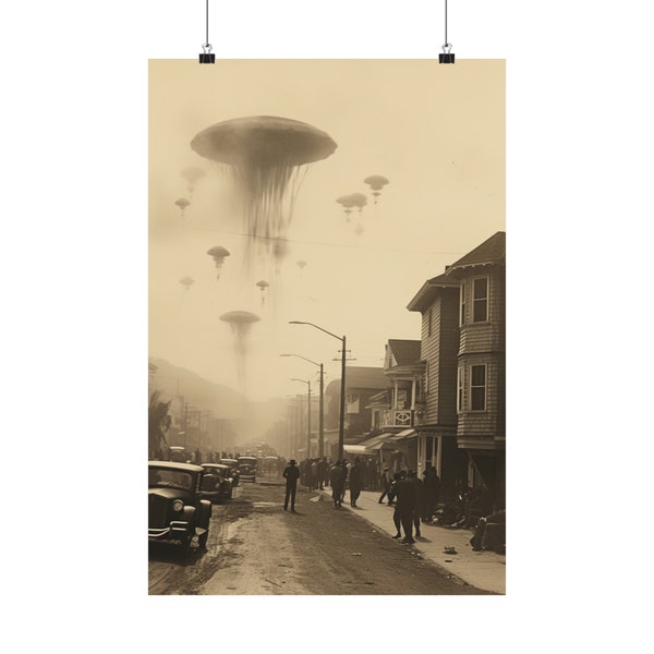 Poster d'observation d'OVNI en 2 tailles. Photographie surréaliste en noir et blanc. Impression photo vintage. Cadeau pour fan de science-fiction. Oeuvre d'art extraterrestre pour les croyants.