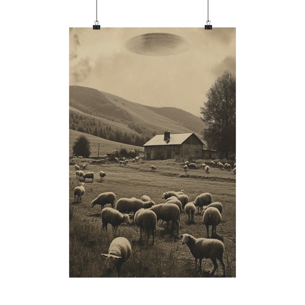 Retro Sci-Fi Wall Art. Alien Poster for those Who Want to Believe. UFO Poster. Remote Sheep Farm Print. Sepia Vintage Photo of a UFO Ranch.