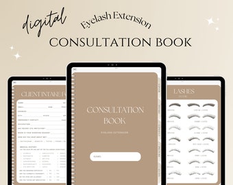 Puede incluir: Un libro de consulta digital para extensiones de pestañas. El libro incluye un formulario de ingreso del cliente, notas de consulta y una guía de estilo de pestañas con diferentes formas y tamaños de pestañas.