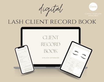 May include: A digital lash client record book template for eyelash extensions. The template includes a client intake form, a record keeping page, and a page for lash mapping. The template is available on Canva.