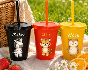 Gobelets personnalisés pour fête safari avec paille, 47 cl, cadeau d'invité sur le thème de la jungle et des animaux, gobelet d'anniversaire sur le thème de la forêt, cadeau pour une baby shower safari