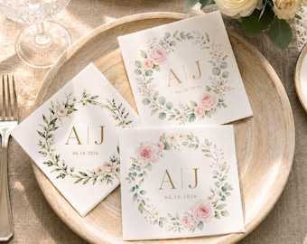 Serviettes de table de mariage personnalisées, serviettes de table à cocktail monogramme personnalisées, couronne de roses florale aquarelle, serviette de table pour la douche nuptiale, décoration de réception de mariage