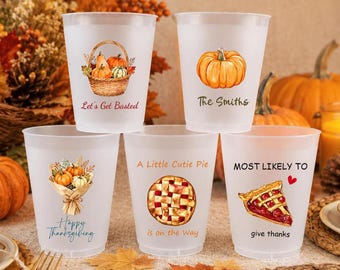 Custom Thanksgiving Party Frosted Cups, Friendsgiving Party Decor, Most likely to Game, Custom Watercolor Pumpkin Cups, Fall Party Favor