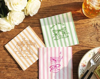Serviettes de table rayées personnalisées pour mariage, serviettes de cocktail dessinées à la main pour couple, serviettes personnalisées avec initiales, cadeaux pour fiançailles et enterrement de vie de jeune fille
