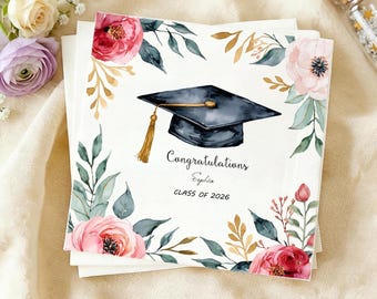 Serviettes florales de remise des diplômes personnalisées Blush, cocktail félicitations pour diplômés, décoration aquarelle de casquette de diplômés, cadeau pour elle, serviettes de fête promotion 2026