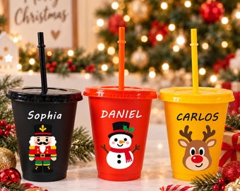 Gobelet de Noël personnalisé pour enfants avec paille, motifs bonhomme de neige, renne, Père Noël et pingouin, cadeaux de Noël personnalisés, petits présents pour les fêtes de Noël