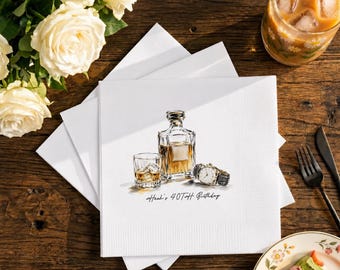 Serviettes d'anniversaire boisson cocktail personnalisées, serviettes de table whisky personnalisées, déco montre whisky 40e anniversaire, cadeau bourbon, cadeau papa
