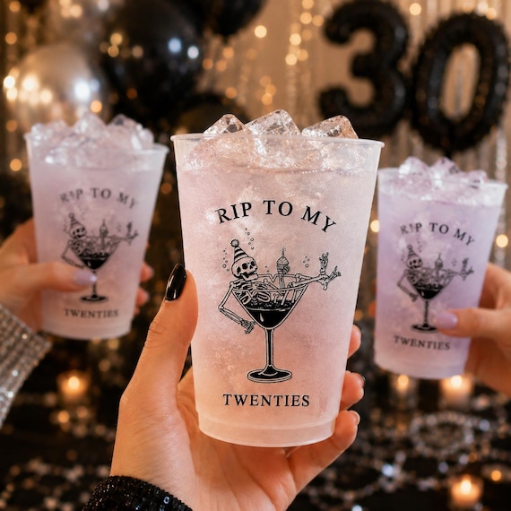 Personalized RIP To My 20s Frosted Birthday Cups, 30th Gothic Birthday Party Favor, Death To My Twenties Cups, Dirty Thirty Skeleton Cups