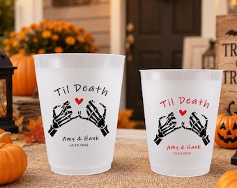 Gobelets personnalisés pour mariage d'Halloween « Jusqu'à la mort », gobelets givrés avec mains de squelette, cadeaux d'invités gothiques personnalisés, gobelets pour réception de mariage