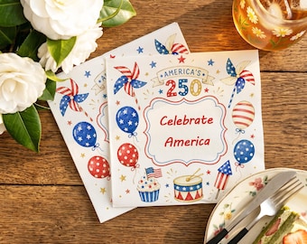 Personalisierte USA 250 Papierservietten mit weißblauem Dekor, Benutzerdefinierte Familien BBQ-Servietten, 250 Jahre Freiheit Servietten, USA Partyzubehör