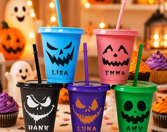 Gobelets d'Halloween personnalisés avec paille, 473 ml (16 oz), motif visage effrayant, cadeaux pour les fêtes d'Halloween en classe, articles pour boissons pour les fêtes d'Halloween en famille