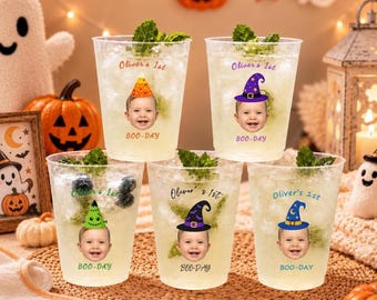 Gobelets givrés pour le premier anniversaire d'Halloween, gobelets personnalisés avec photo de bébé, cadeaux pour la première fête d'anniversaire, décoration d'anniversaire d'Halloween, « Joyeux d'être un »
