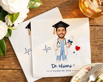 Servilletas personalizadas con rostro de médico, fiesta de graduación de la facultad de medicina, fiesta de la escuela de enfermería, servilletas personalizadas para fiesta de graduación de médicos, regalo para él.