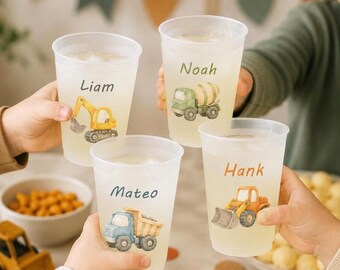 Gobelets personnalisés pour une fête d'anniversaire sur le thème des travaux, gobelets givrés personnalisés avec camion-benne et prénom, articles de baby shower sur le thème des travaux