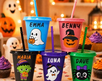 Personalized Kids Halloween Cups with Straw, 16oz Spooky Party Favors, Trick or Treat Classroom Gift, Halloween Birthday Party Cups for Kids