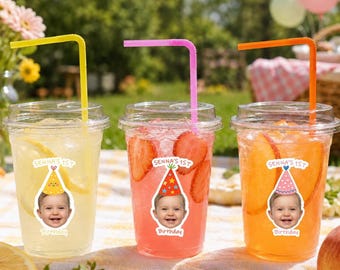 Gobelets personnalisés pour le 1er anniversaire, gobelets de fête avec paille et motif visage de bébé, cadeaux pour les invités du premier anniversaire, décoration « Joyeux premier anniversaire »