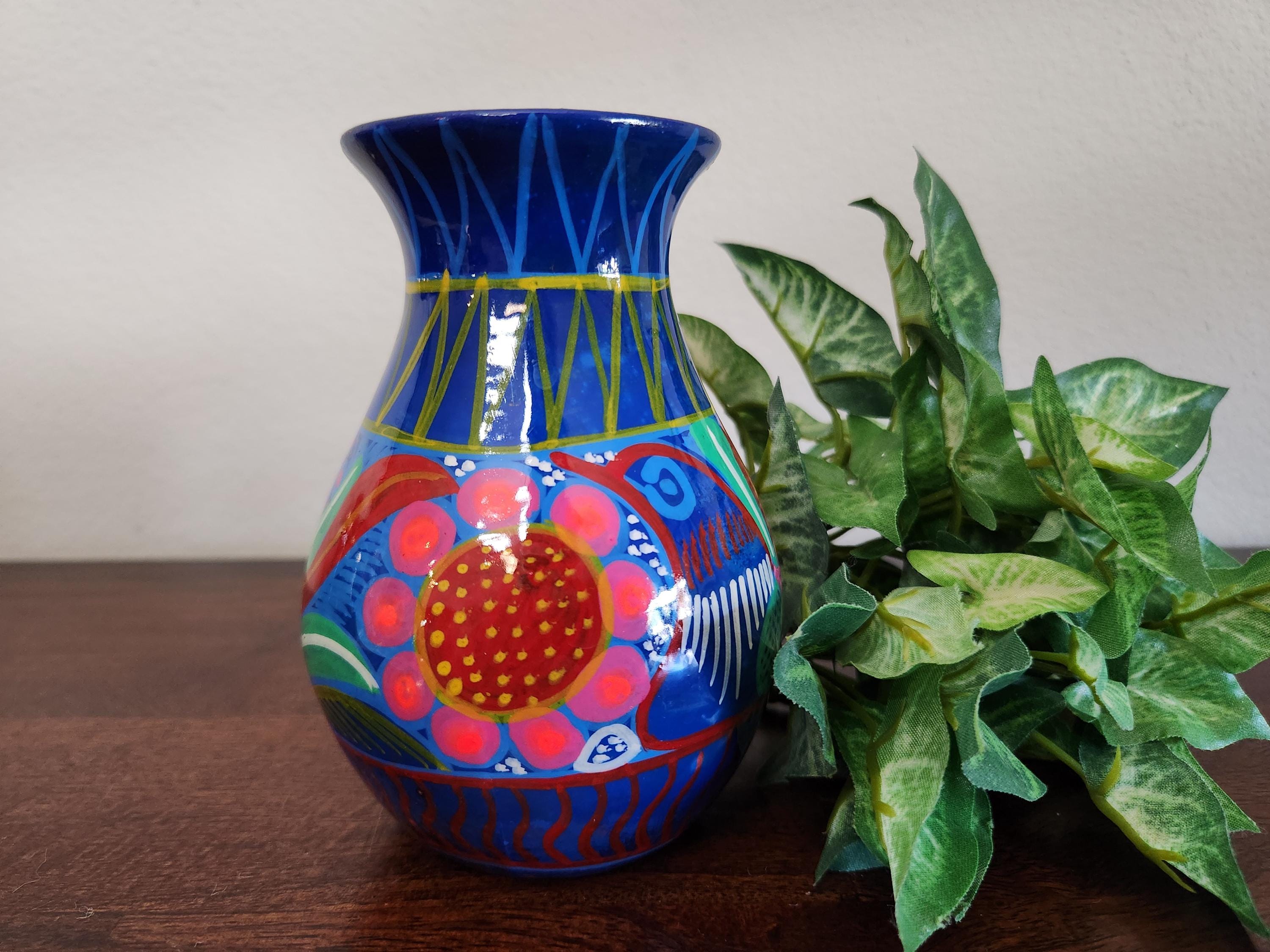 Vintage Talavera Vase, Mexican Folk Art Pottery, Hand-painted