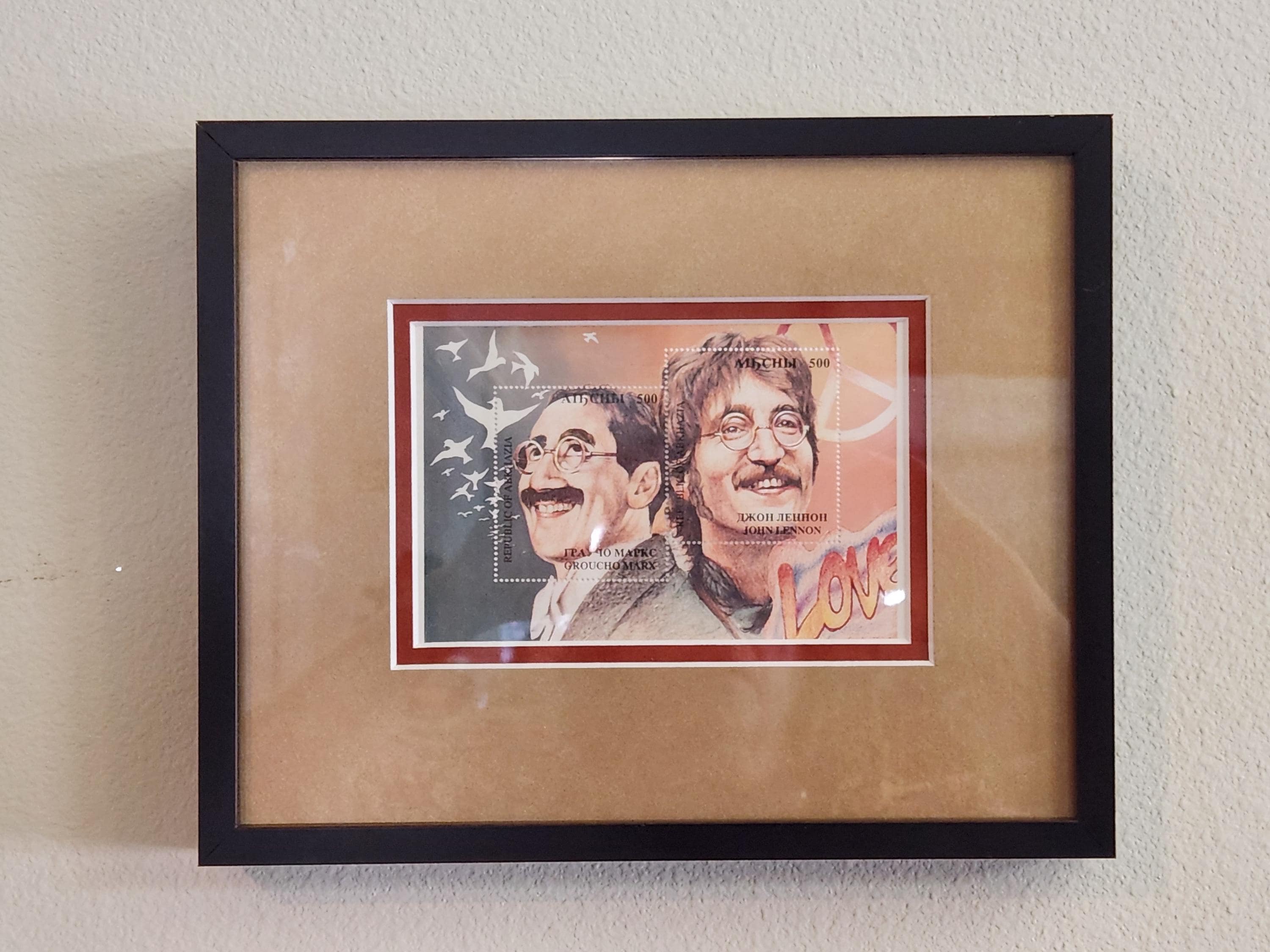 Vintage John Lennon & Groucho Marx Stamp Art: Framed Collectible