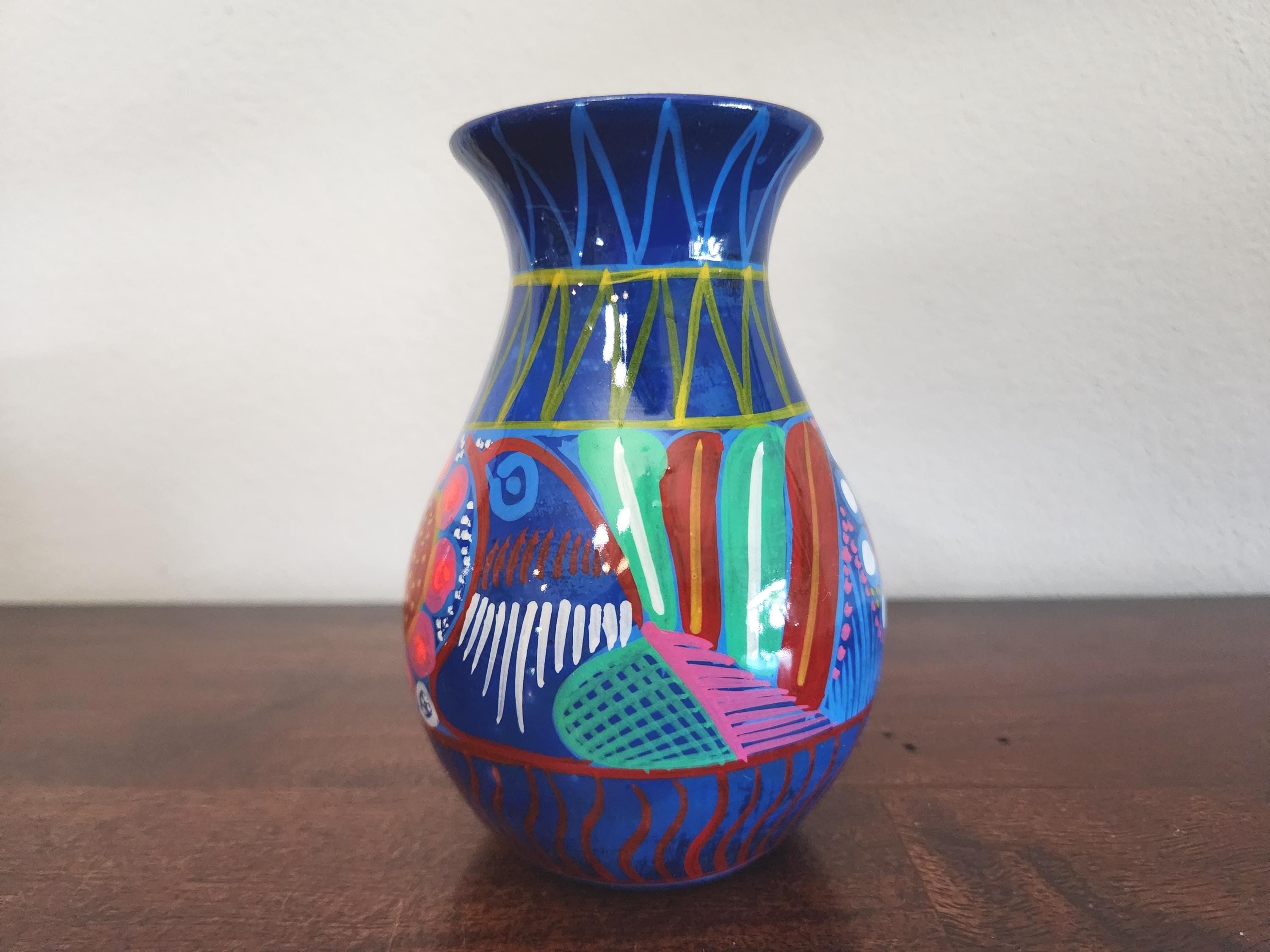 Vintage Talavera Vase, Mexican Folk Art Pottery, Hand-painted