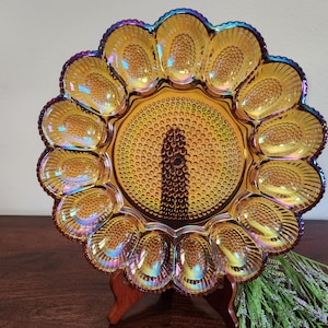 Vintage Indiana Glass Amber Carnival Iridescent Hobnail Deviled Egg Platter