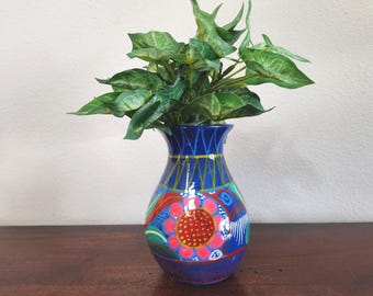 Vintage Talavera Vase, Mexican Folk Art Pottery, Hand-painted