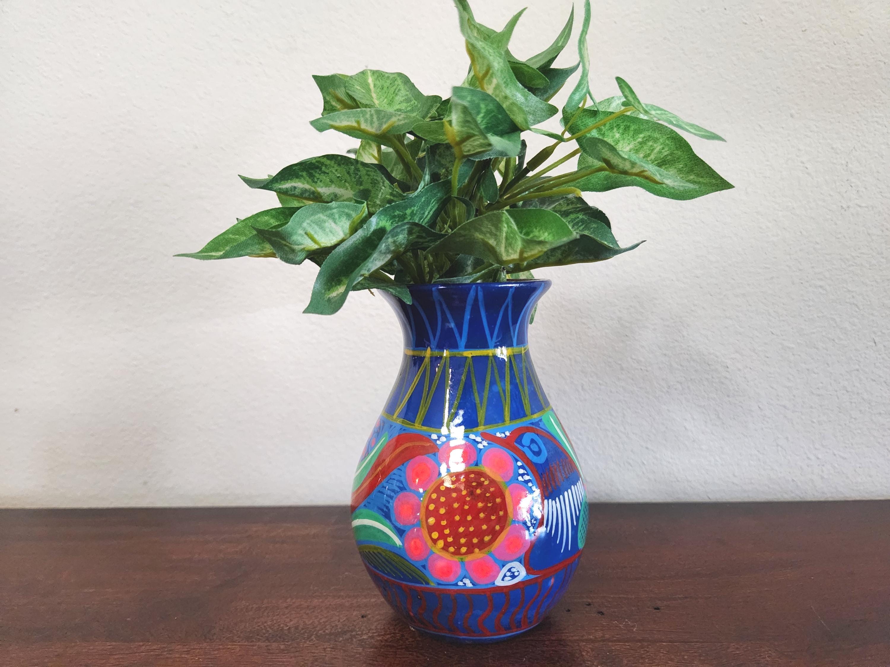 Vintage Talavera Vase, Mexican Folk Art Pottery, Hand-painted