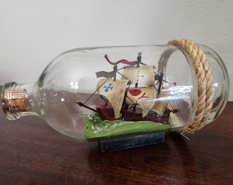 Vintage Ship in a Bottle, Miniature Sailboat, Nautical Home Decor item 847