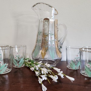 Antique, 1900s, USA, Northwood Glass Co., Large Pitcher & 6 Tumblers, Hand Painted Enamel, Floral Pattern, Drinkware, Collectible - item 600