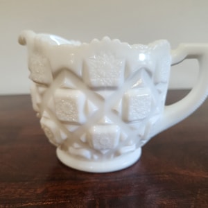 Vintage 1950’s, Mid Century Modern Westmoreland, Milk Glass Creamer, Westmoreland Old Quilt Pattern; Press Glass