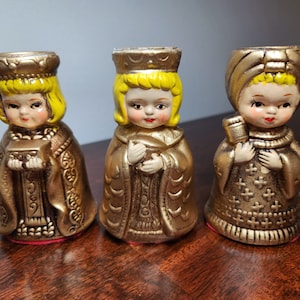 Vintage 1960s Christmas Lefton Mid Century Modern Stylized Gold Three Wisemen Figurine Candle Holders Set of 3