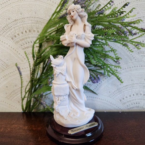 Vintage, 1994, Florence Italy, Guiseppe Armani, Capodimonte Porcelain, Signed, Figurine Statue, Lady with Two Doves, Wood Base Item 524